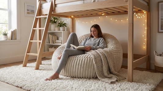 Adolescente assise confortablement dans un grand pouf beige clair en velours côtelé doux sous un lit mezzanine en bois clair.