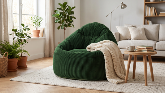 Grand pouf structuré en velours côtelé vert émeraude aménagé en coin lecture hygge dans un salon scandinave, avec un plaid en grosse maille, une tasse de thé et des livres sur une table d'appoint en bois.
