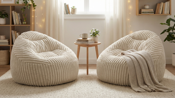 Deux gros poufs beige clair dans un studio 