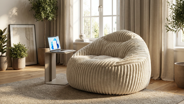 Grand pouf beige en velours côtelé dans un salon avec une table d'appoint avec un ordinateur allumé dessus.