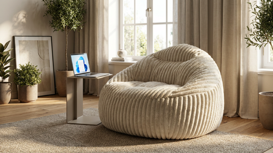 Grand pouf beige en velours côtelé dans un salon avec une table d'appoint avec un ordinateur allumé dessus.