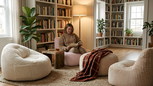 Femme assise dans un pouf rose pâle dans un coin lecture