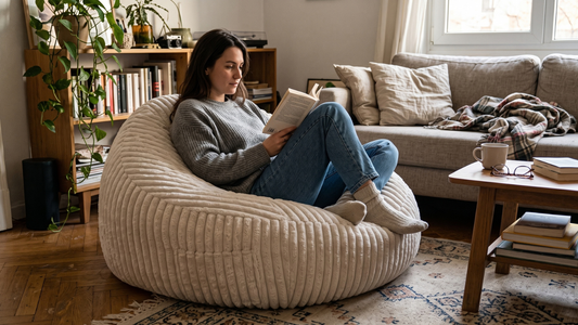 Femme assise sur le grand pouf Ivoria beige clair en velours côtelé grosses côtes dans un salon cosy.