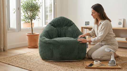Femme qui prend soin du tissu de son pouf vert émeraude en velours côtelé dans son coin salon bohème