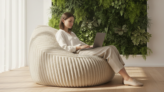 Femme qui travaille sur son ordinateur assise dans un grand pouf beige en velours côtelé dans un espace de bureau