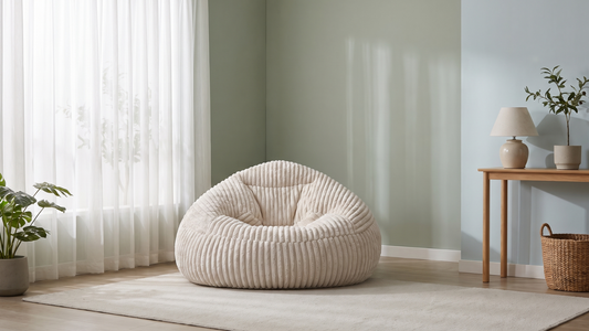 Grand pouf beige clair dans un salon serein et épuré conçu pour la relaxation sensorielle.