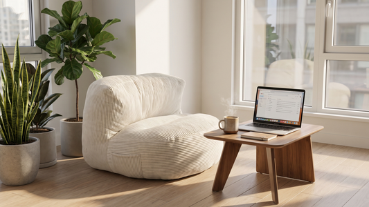 Grand pouf blanc en velours côtelé dans un coin d'appartement lumineux et moderne.