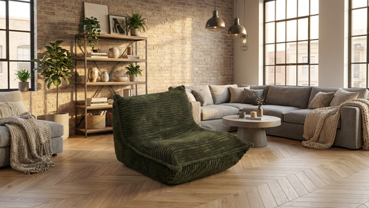 Grand pouf vert forêt en velours côtelé au centre d'un salon style industriel