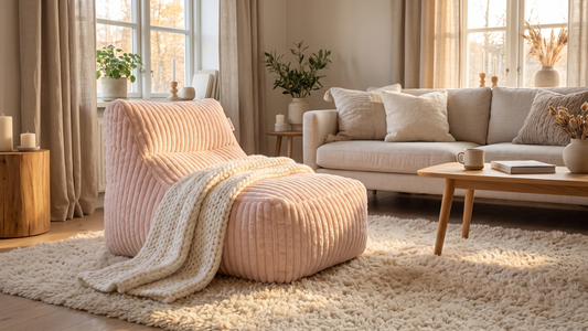 Pouf Aurore rose pâle en velours côtelé doux sur un tapis crème dans un salon contemporain japandi cocooning avec une lumière du jour doré.