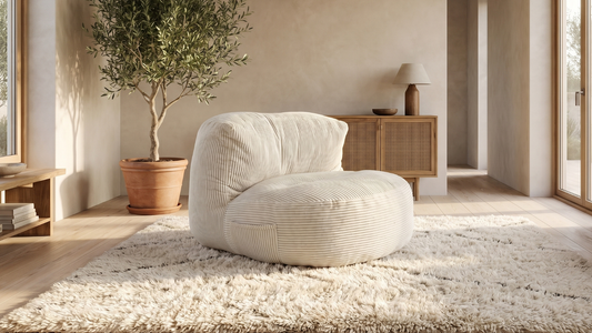 Pouf blanc en velours côtelé au centre d'un salon cosy bohème