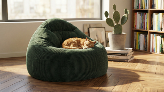 Pouf vert avec un chat roux dormant dessus dans une bibliothèque cosy