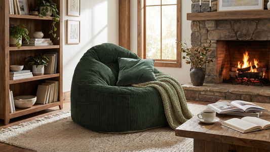 Pouf vert émeraude avec un coussin vert dessus dans un salon cosy