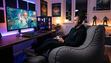 joueur dans un pouf gamer dans une chambre