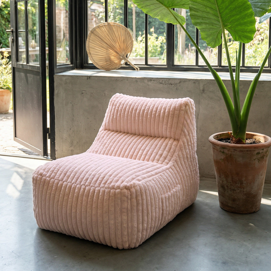 Aurore - Pouf rose pâle allongé en velours côtelé (grosse côte)