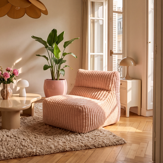 AURORE Pouf rose pâle allongé en velours côtelé (grosse côte)