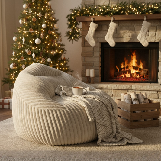 Ivoria – Pouf XXL beige en velours côtelé (grosse côte)