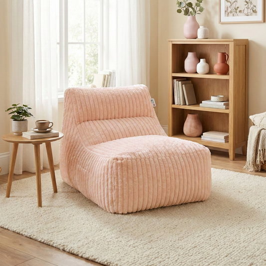 Aurore - Pouf rose pâle allongé en velours côtelé (grosse côte)
