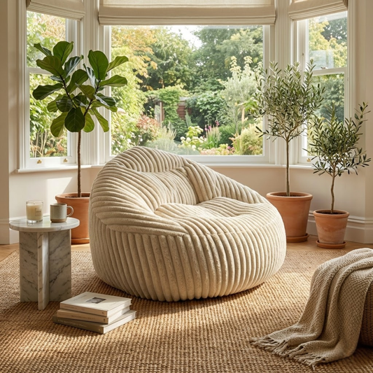 Ivoria – Pouf XXL beige en velours côtelé (grosse côte)