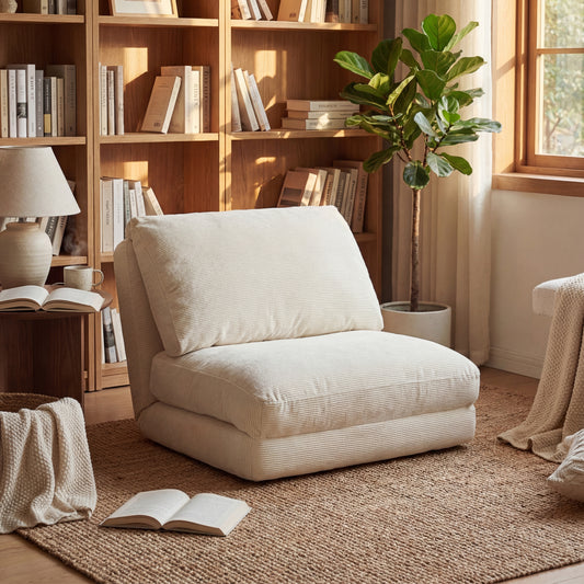 Calen – Pouf fauteuil pliable en velours côtelé, assise scandinave compacte et multifonction