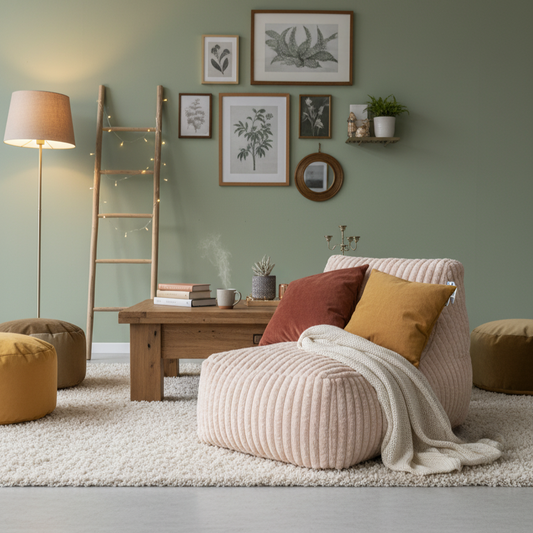 Aurore - Pouf rose pâle allongé en velours côtelé (grosse côte)