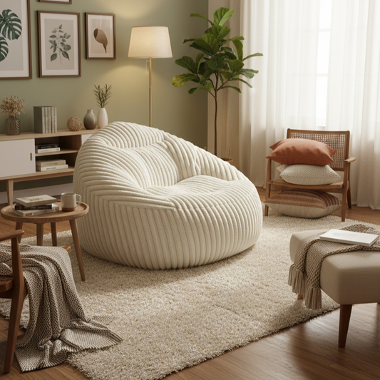 Ivoria – Pouf XXL beige en velours côtelé (grosse côte)