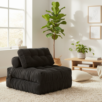 Nèven – Pouf convertible pliable en velours côtelé, canapé-lit compact et modulable